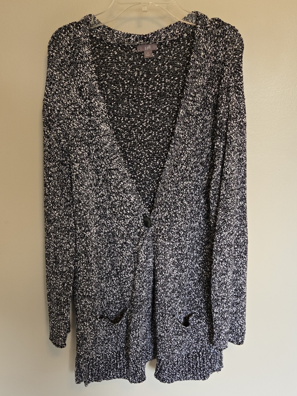 J Jill Marled Knit Cardigan Sweater Cotton M Patch Pockets Black White Lagenlook